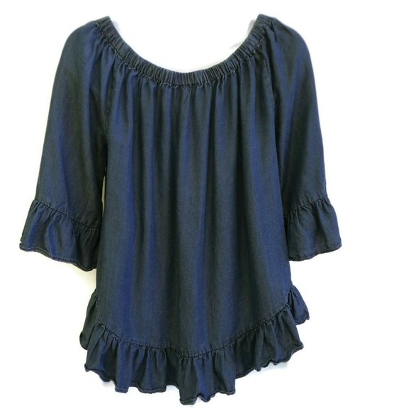 Jane and Delancey Top Chambray Tencel Ruffles On Off Shoulder Tencil S Small - Picture 2 of 8